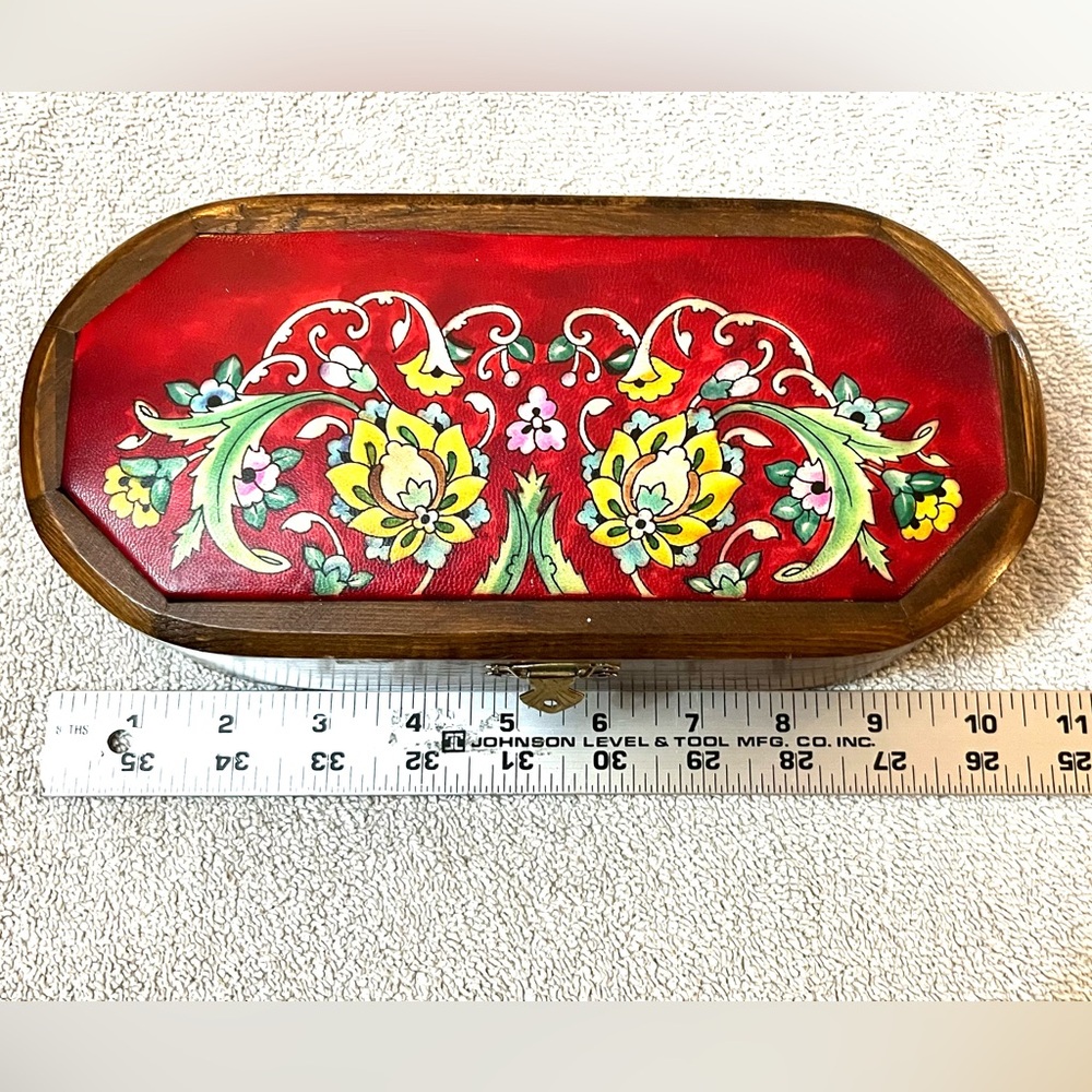 Hand made wooden box hand painted‎ red leather Iran